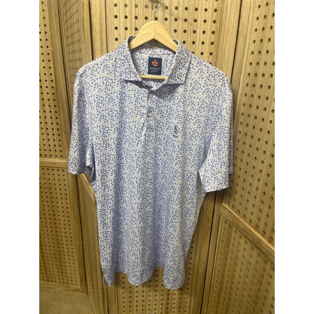 Donald Ross Sport Mens Large Blue Floral Clover Golf Polo Shirt ACC 1926 Logo